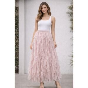 Fairy Coquette Tiered Tulle Maxi Skirt Ruffle Layers Dusty Rose Romantic XL